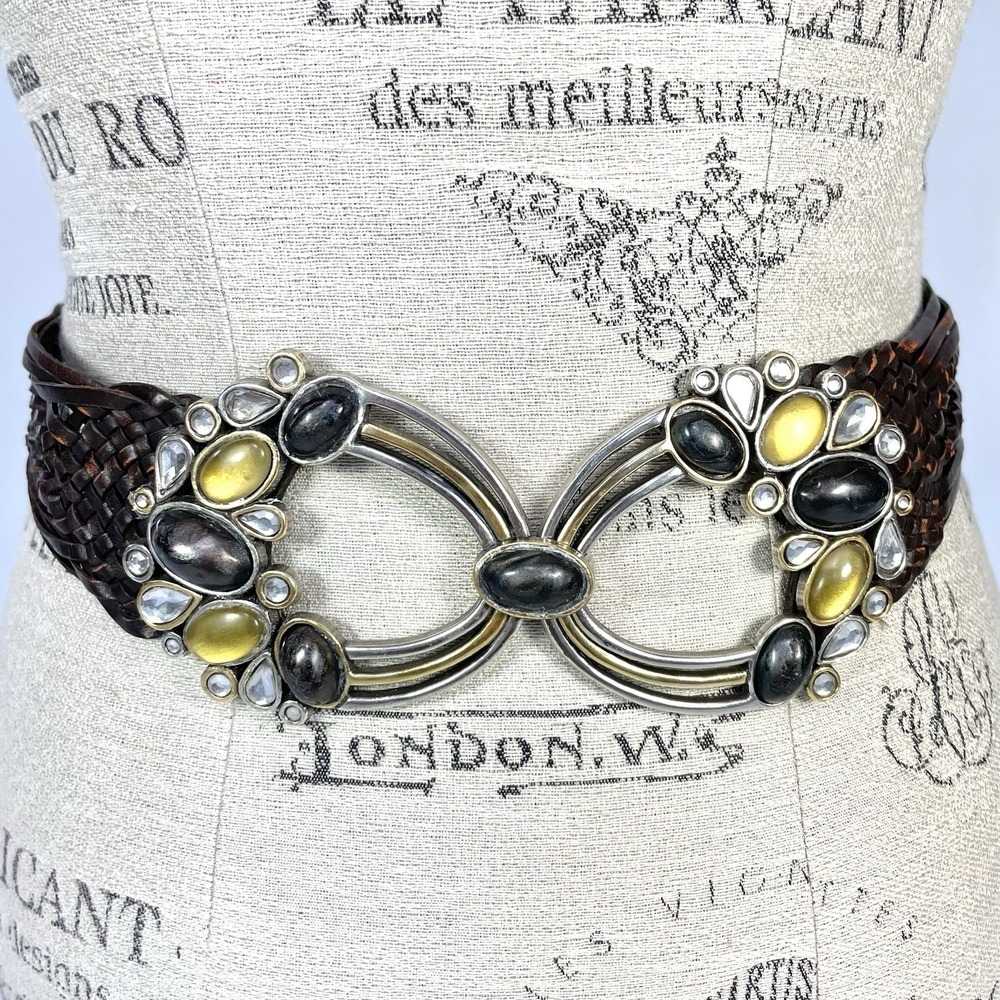 Chico's‎ Brown Braided Leather Stretch Belt L Jeweled Silver Buckle Boho